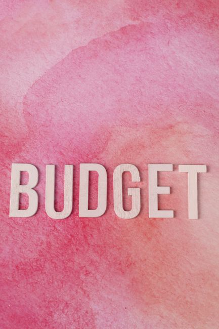 A close-up image featuring the word 'BUDGET' spelled out in large, white, block letters set against a pink watercolor background. The textured watercolor effect creates a soft, artistic backdrop, emph