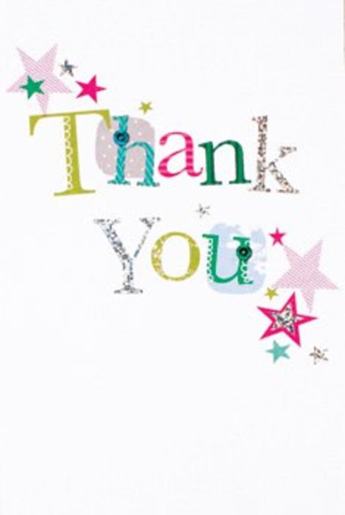 The arrangement of this thank you card is both gracefully exuberant and quietly sophisticated, much like the spirit of Tooting Bec itself. Each letter in the joyful message has its own personality-some letters curving playfully with cheerful polka dots, others designed with almost musical elegance, all rendered in a lively spectrum of lime green, pink, and blue. Amid these letters, shimmering with hints of silver and crafted details like stitched flourishes, clusters of tiny stars-some striped in sparkling pink, others saturated in vibrant teal or ringing with metallic gold-gather around the sentiment like well-wishers at a local celebration. The pristine white background offers a crisp, unblemished space where colours and textures seem to float, reminiscent of a floral showcase on a sunlit Tooting Bec morning. There's a subtle artistry here, echoing the creative touch seen in signature bouquets at neighbourhood florist shops. This card exudes a warmth that's universal yet distinctly local, perfect for pairing beside a thoughtful arrangement meant to thank a teacher, neighbour, or friend in Tooting Bec. Each carefully crafted detail, from the tactile print to the whimsical stars, mirrors the gentle, memorable gratitude we share with those who brighten our daily life.