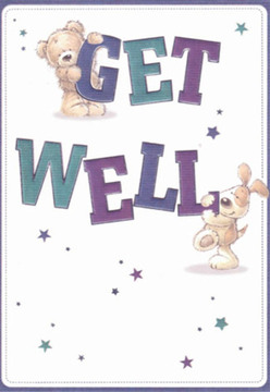 In this enchanting get well card, two endearing friends-a cuddly teddy bear and a sprightly puppy-invite comfort through their simple, loving gestures and playful charm. Their presence is infused with a sense of gentle humor, much like the lighthearted spirit often found in Tooting Bec's bustling side streets and neighborhood markets. The bear perches atop the bold 'GET,' while the loyal pup tenderly nuzzles the vibrant 'WELL,' both surrounded by a constellation of twinkling stars in soothing hues of teal and purple. These details evoke a sense of hope that's cherished by those in need of a gentle lift in spirits. The card's clean white background feels as fresh and rejuvenating as a spring morning stroll through Tooting Common. As a florist working closely within our community, I see the same careful balance of color and meaning here as when composing a reassuring bouquet-each element chosen to foster bright moments and ease difficult days for someone special in SW17. The overall effect is a card that radiates emotional warmth and gentle optimism, perfectly aligned with the nurturing values at the heart of Tooting Bec.